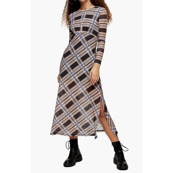Topshop Check Print Long Sleeve Midi Dress in Multicolor - Picture 3 of 12